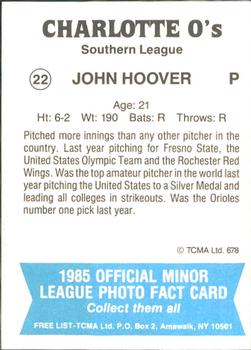 1985 TCMA Charlotte O's #22 John Hoover Back