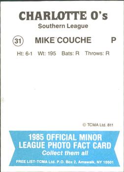 1985 TCMA Charlotte O's #31 Mike Couchee Back