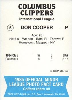 1985 TCMA Columbus Clippers #5 Don Cooper Back
