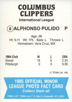 1985 TCMA Columbus Clippers #8 Alphonso Pulido Back