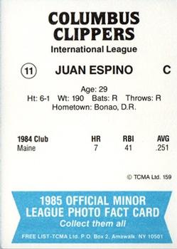 1985 TCMA Columbus Clippers #11 Juan Espino Back