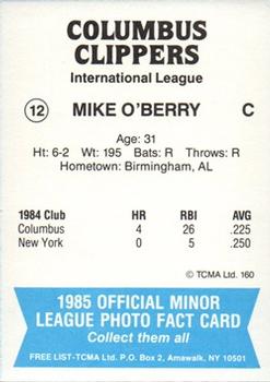 1985 TCMA Columbus Clippers #12 Mike O'Berry Back