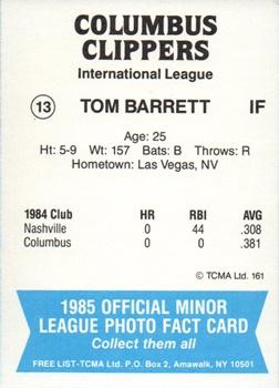 1985 TCMA Columbus Clippers #13 Tom Barrett Back
