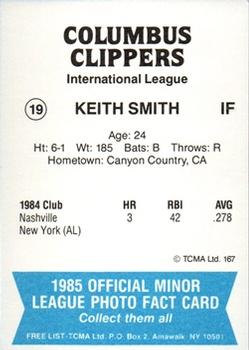 1985 TCMA Columbus Clippers #19 Keith Smith Back