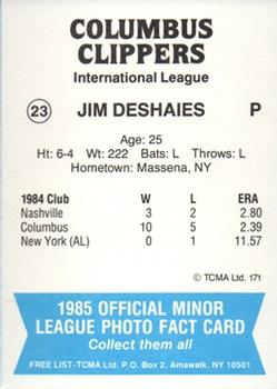 1985 TCMA Columbus Clippers #23 Jim Deshaies Back