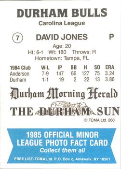 1985 TCMA Durham Bulls #7 David Jones Back