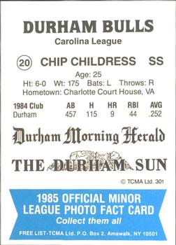 1985 TCMA Durham Bulls #20 Chip Childress Back