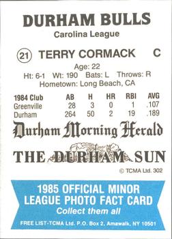 1985 TCMA Durham Bulls #21 Terry Cormack Back