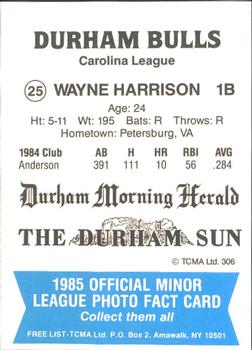 1985 TCMA Durham Bulls #25 Wayne Harrison Back