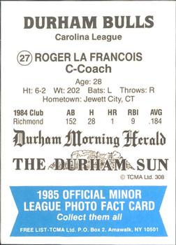 1985 TCMA Durham Bulls #27 Roger LaFrancois Back