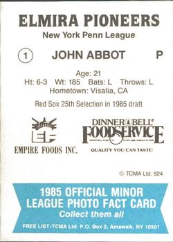 1985 TCMA Elmira Pioneers #1 John Abbott Back