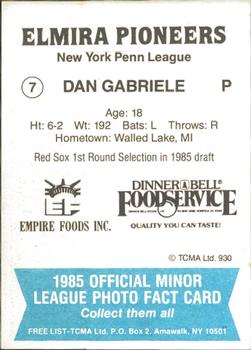 1985 TCMA Elmira Pioneers #7 Dan Gabriele Back