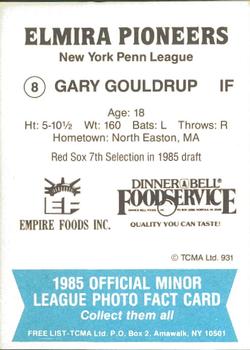 1985 TCMA Elmira Pioneers #8 Gary Gouldrup Back