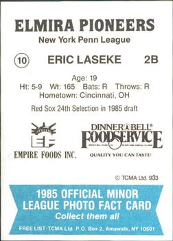 1985 TCMA Elmira Pioneers #10 Eric Laseke Back