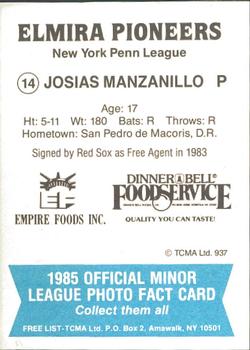 1985 TCMA Elmira Pioneers #14 Josias Manzanillo Back