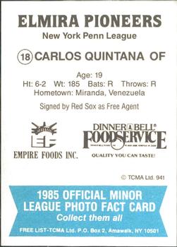 1985 TCMA Elmira Pioneers #18 Carlos Quintana Back