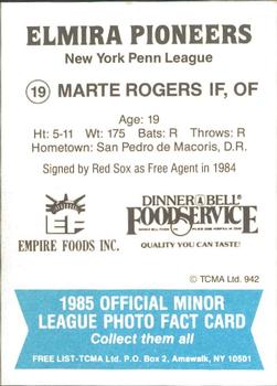 1985 TCMA Elmira Pioneers #19 Marte Rogers Back