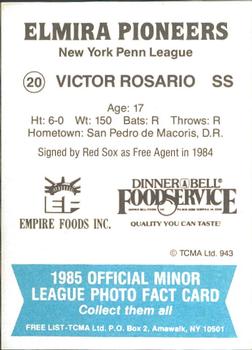 1985 TCMA Elmira Pioneers #20 Victor Rosario Back