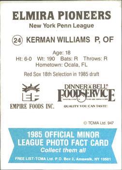1985 TCMA Elmira Pioneers #24 Kerman Williams Back