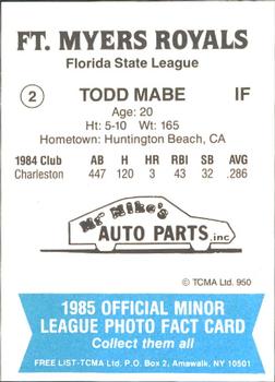 1985 TCMA Ft. Myers Royals #2 Todd Mabe Back
