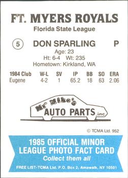 1985 TCMA Ft. Myers Royals #5 Don Sparling Back