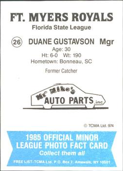 1985 TCMA Ft. Myers Royals #26 Duane Gustavson Back