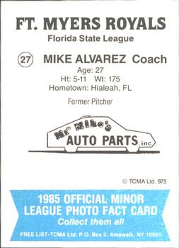 1985 TCMA Ft. Myers Royals #27 Mike Alvarez Back