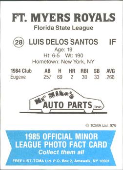 1985 TCMA Ft. Myers Royals #28 Luis de los Santos Back