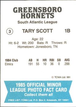 1985 TCMA Greensboro Hornets #3 Tary Scott Back