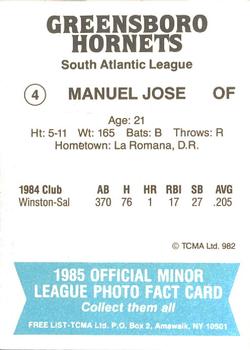 1985 TCMA Greensboro Hornets #4 Manuel Jose Back
