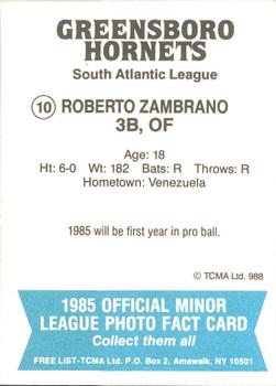 1985 TCMA Greensboro Hornets #10 Roberto Zambrano Back