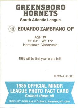 1985 TCMA Greensboro Hornets #13 Eduardo Zambrano Back