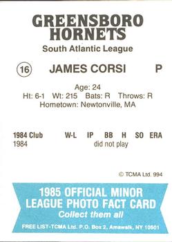 1985 TCMA Greensboro Hornets #16 James Corsi Back