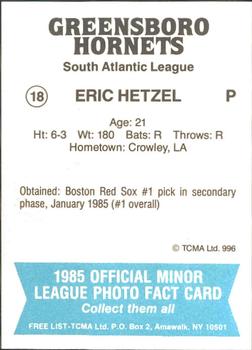 1985 TCMA Greensboro Hornets #18 Eric Hetzel Back