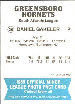 1985 TCMA Greensboro Hornets #20 Daniel Gakeler Back