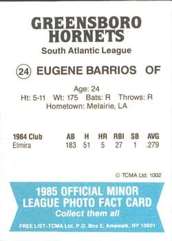 1985 TCMA Greensboro Hornets #24 Eugene Barrios Back