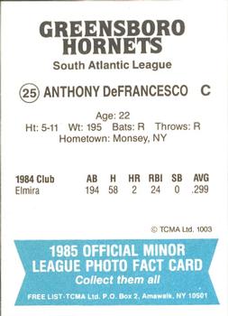 1985 TCMA Greensboro Hornets #25 Anthony DeFrancesco Back