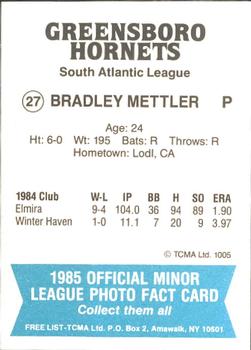 1985 TCMA Greensboro Hornets #27 Bradley Mettler Back