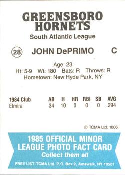 1985 TCMA Greensboro Hornets #28 John DePrimo Back
