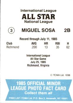 1985 TCMA International League All-Stars #3 Miguel Sosa Back