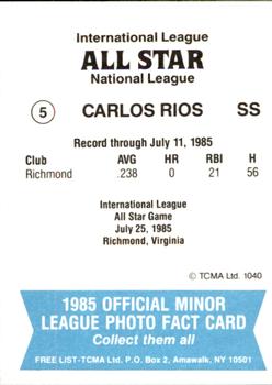 1985 TCMA International League All-Stars #5 Carlos Rios Back