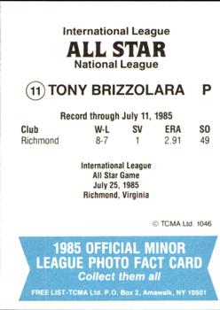 1985 TCMA International League All-Stars #11 Tony Brizzolara Back