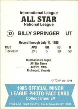 1985 TCMA International League All-Stars #13 Steve Springer Back