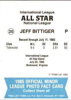 1985 TCMA International League All-Stars #20 Jeff Bittiger Back