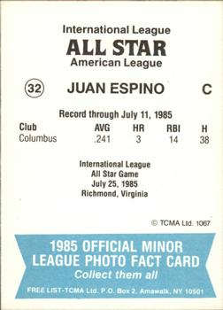 1985 TCMA International League All-Stars #32 Juan Espino Back