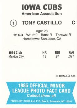 1985 TCMA Iowa Cubs #1 Tony Castillo Back