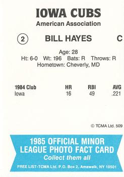 1985 TCMA Iowa Cubs #2 Bill Hayes Back