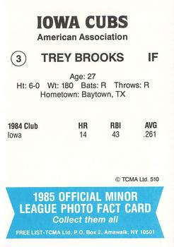 1985 TCMA Iowa Cubs #3 Trey Brooks Back