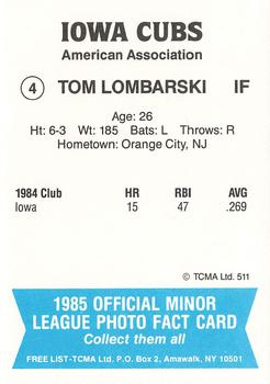 1985 TCMA Iowa Cubs #4 Tom Lombarski Back