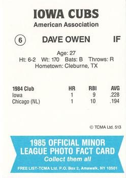 1985 TCMA Iowa Cubs #6 Dave Owen Back